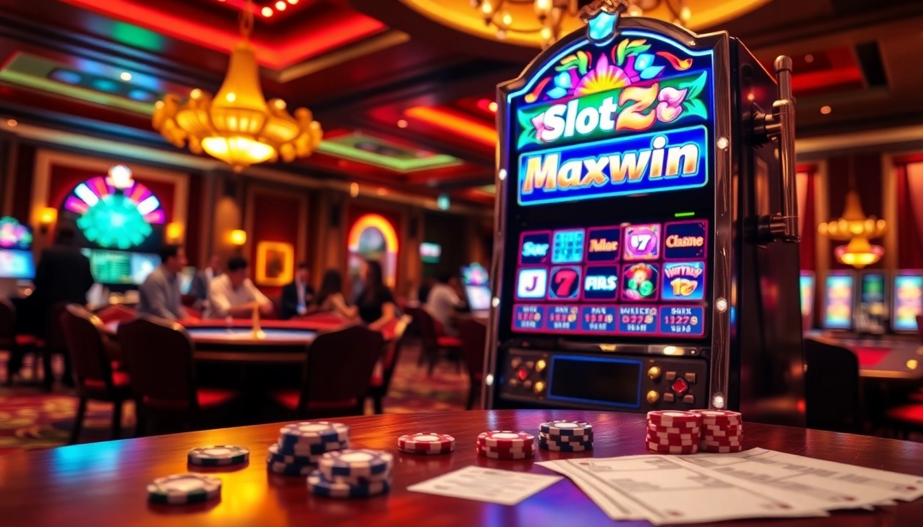 Play Slot Maxwin at a luxurious casino with poker chips and vibrant slot machines.