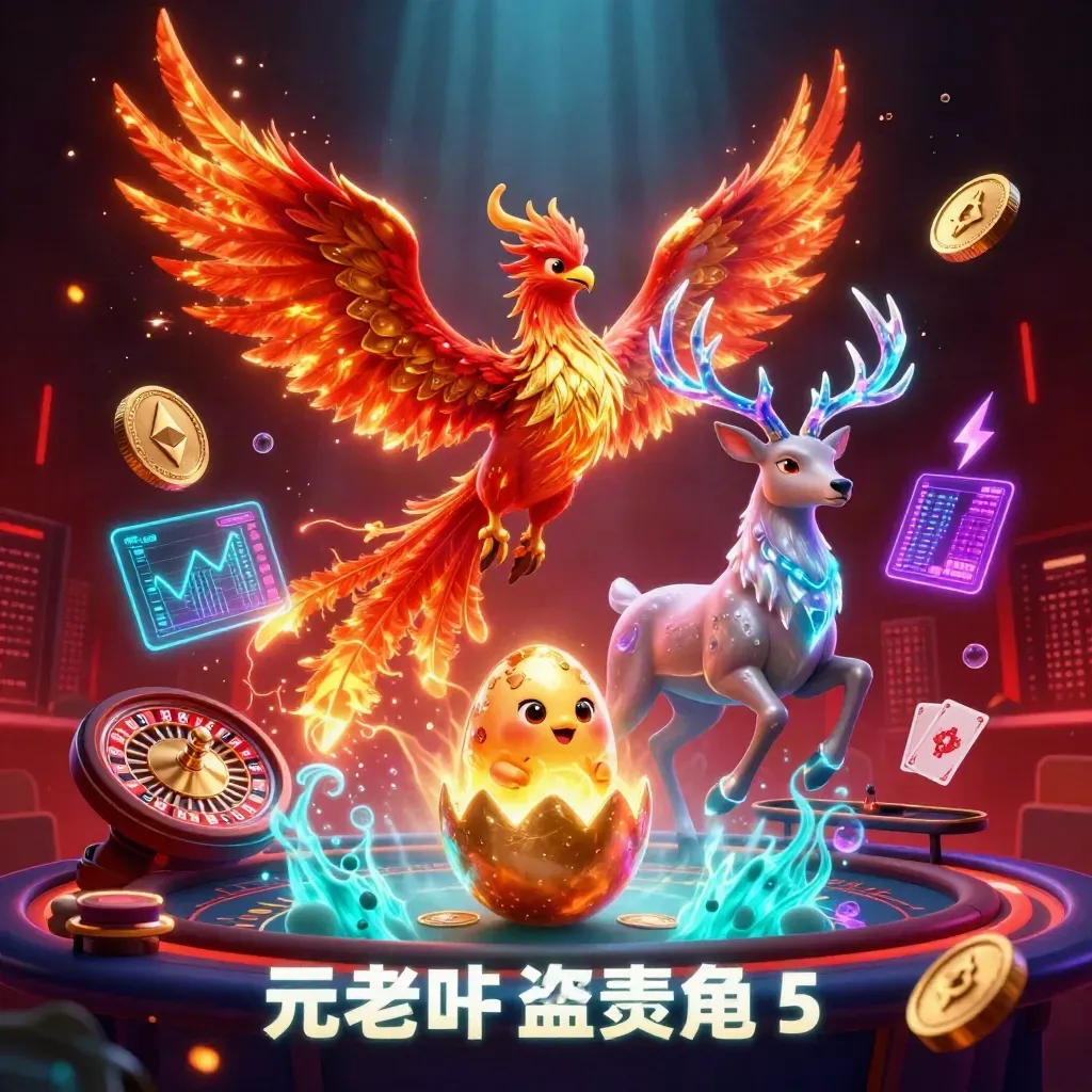 Phoenix, hatching chick, and crystal stag amid neon casino effects and coins in a dark cinematic burst.