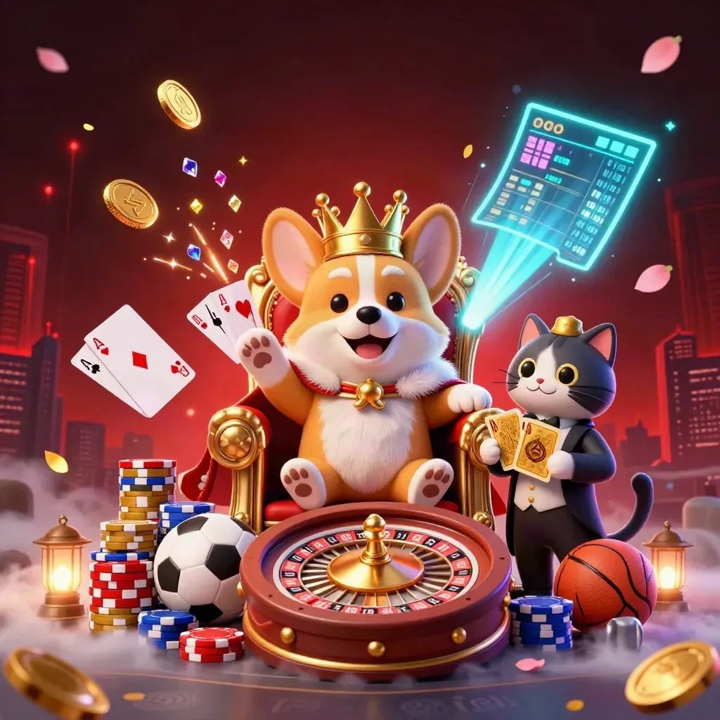 Crowned corgi king and cat butler amid chips, coins, roulette, and neon glow