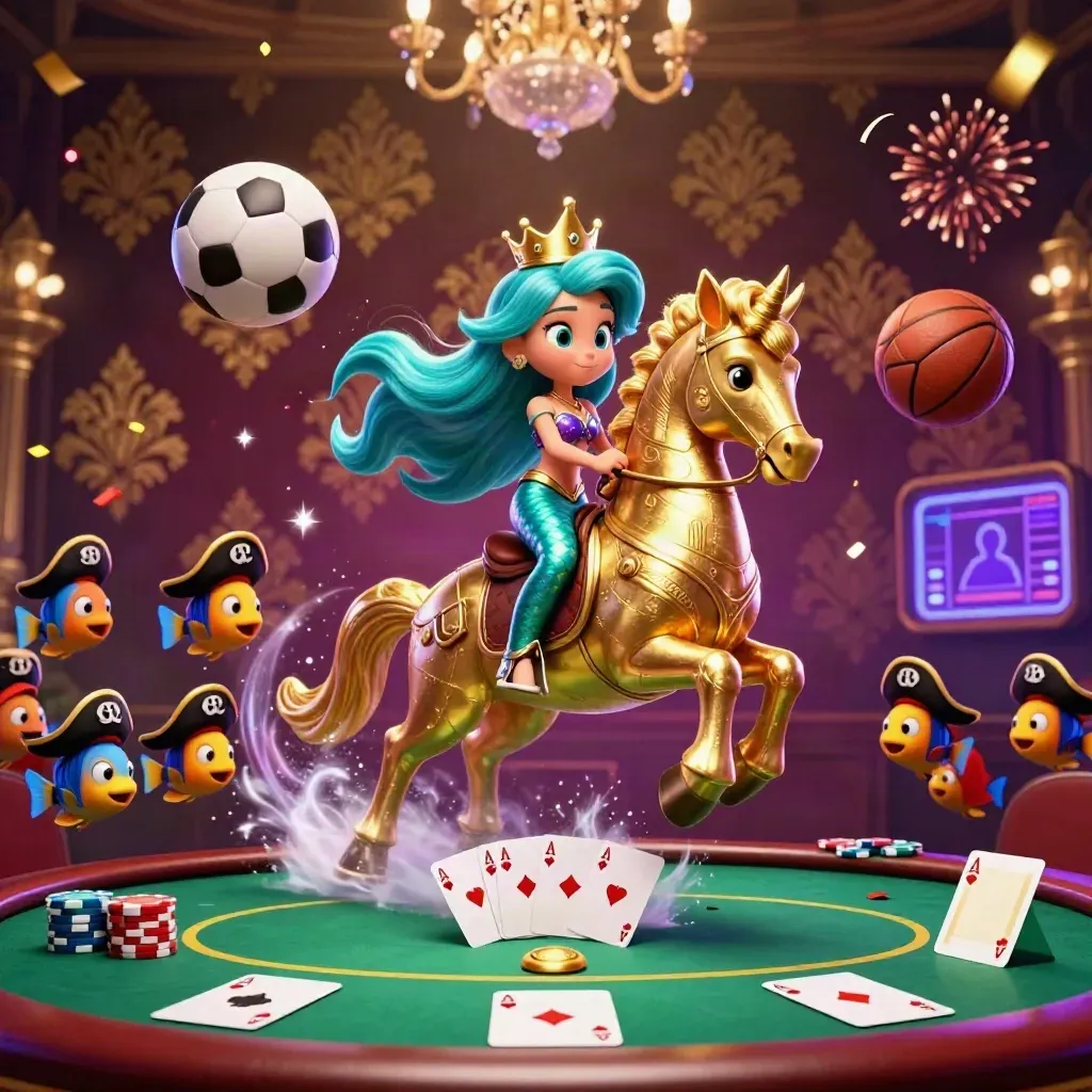 Mermaid princess on a seahorse, poker chips, flying balls, and neon casino magic.