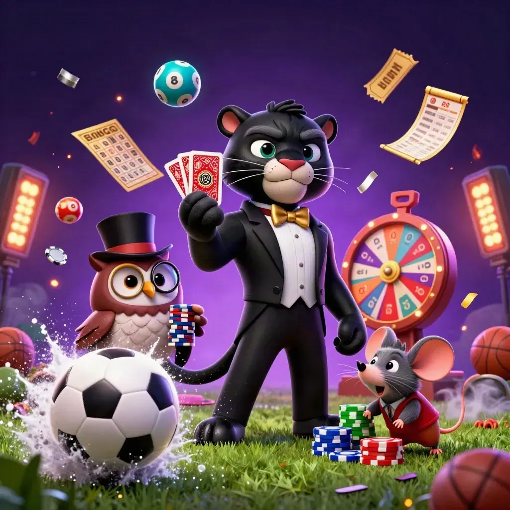 Panther, owl, and mouse in casino key art as a soccer ball and chips burst in neon light
