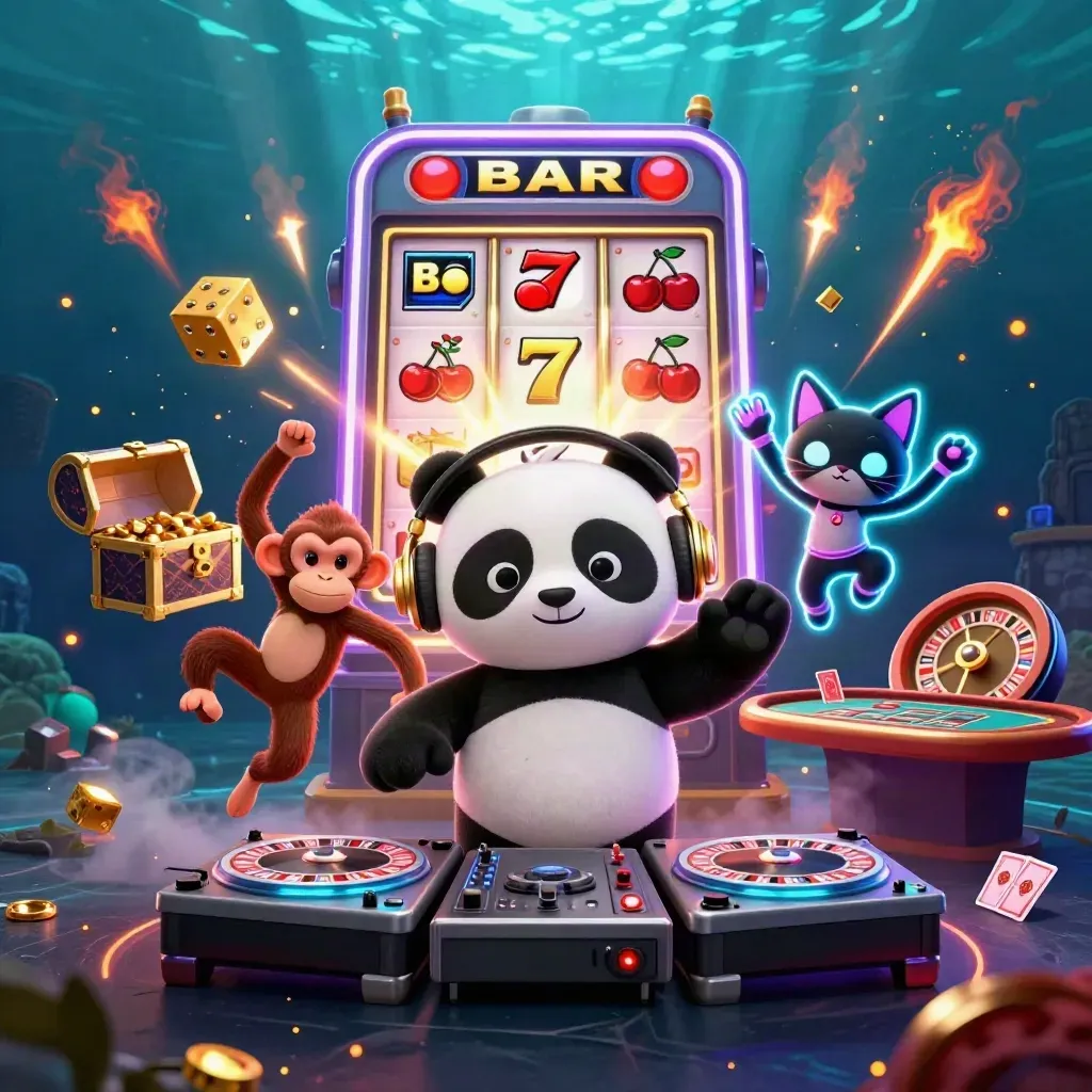 Panda DJ, monkey, and rave kitten blast from a neon slot machine underwater casino scene.