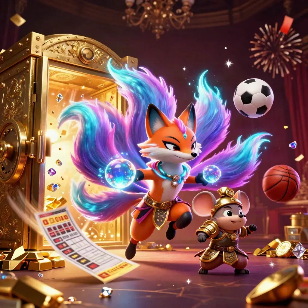 Neon fox spirit and armoured mouse amid flying sports balls, vault gold, sparks, and dark luxury glow.