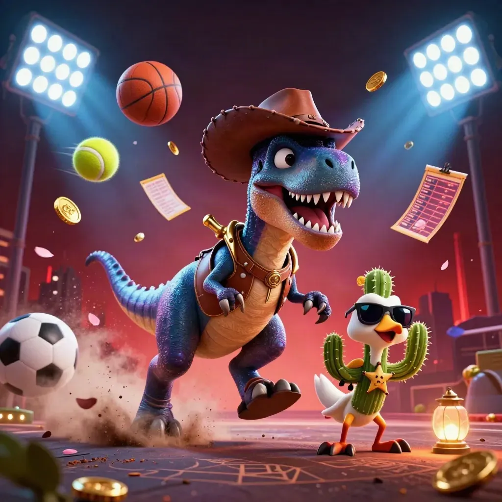Cowboy T-Rex, cactus sidekick and roadrunner racing amid flying balls, coins and neon stadium light