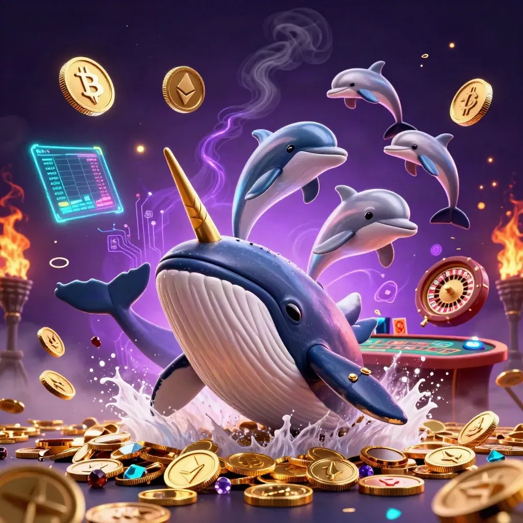 Whale, narwhal, and dolphins in a neon casino sea of coins and stars.