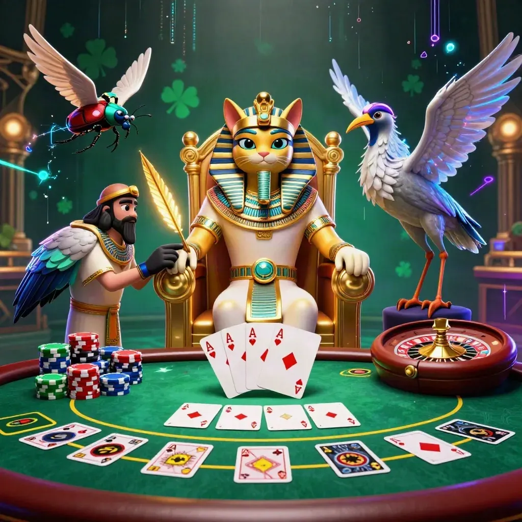 Pharaoh cat, ibis scribe, and gem-winged scarabs in a neon casino room