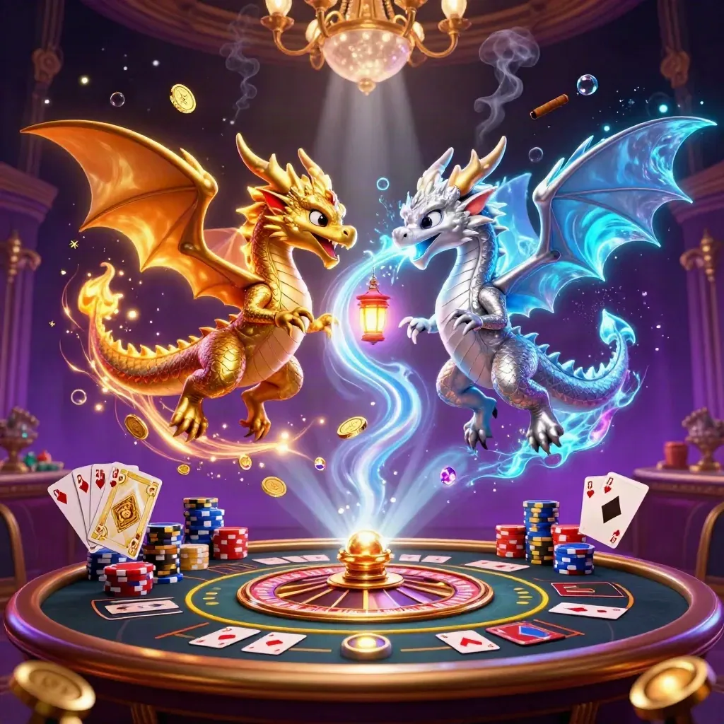 Two glowing dragons orbit coins, cards, chips, and a spinning wheel in a luxe neon casino lounge.