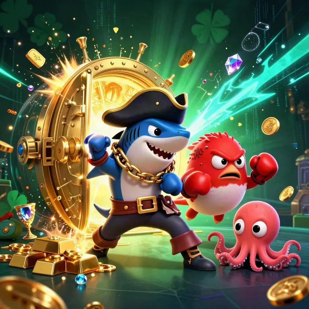Pirate shark, boxing pufferfish, and juggling octopus burst from a treasure vault in neon cyan.