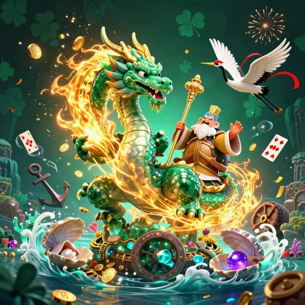 Emerald dragon, turtle sage, and cranes amid treasure cove with cyan glow and coin spray.