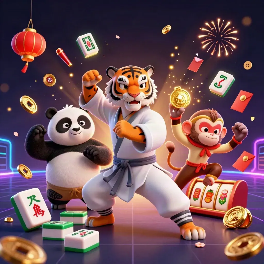 Tiger, panda, and monkey amid neon casino treasures and flying mahjong tiles