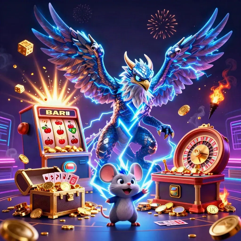 Thunder dragon, hawk, and mouse bursting from a jackpot slot machine with gold coins and fireworks.