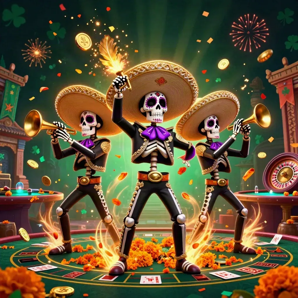 Three skeleton mariachi performers amid spinning coins, fireworks, and casino symbols in neon dark-glow.