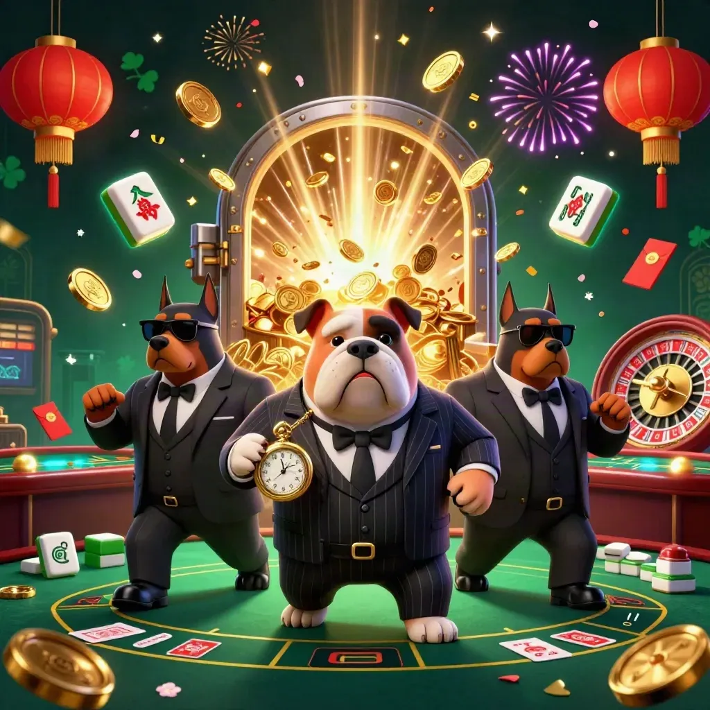 Bulldog mob boss and two Dobermans amid coins, lanterns, fireworks, and casino symbols.
