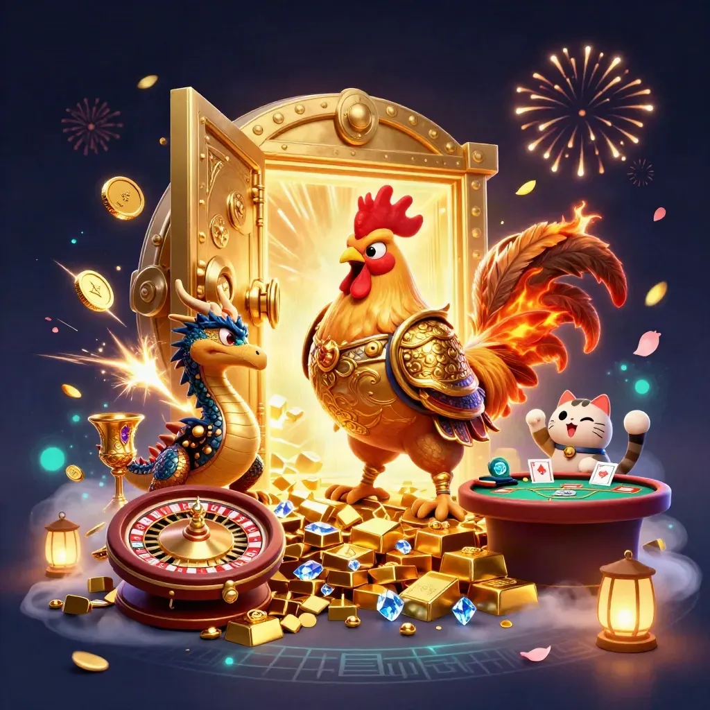 Rooster warrior, spark-breathing dragon and fortune cat amid gold, vault light and casino magic.