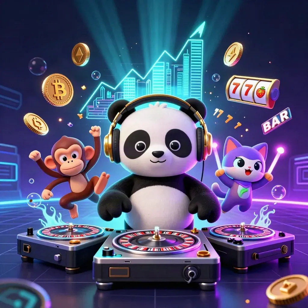 DJ panda, dancing monkey, and glow-stick kitten blasting neon casino energy around roulette turntables.