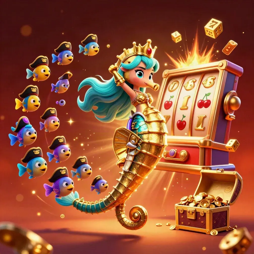 Mermaid princess on a gold seahorse amid slot symbols, dice, treasure and neon casino glow.