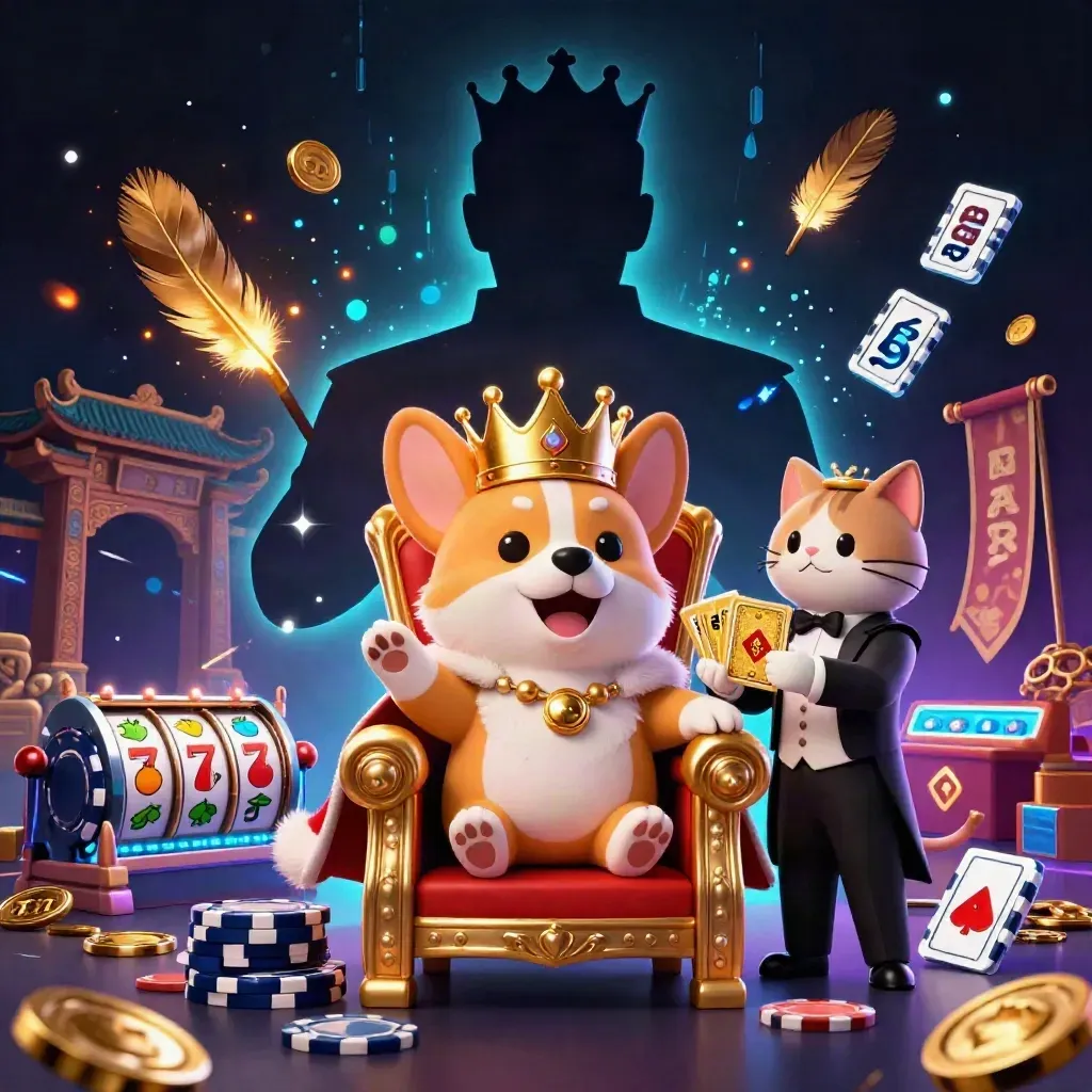 Royal corgi king and cat butler amid casino magic, neon chips, reels, and stormy blue effects