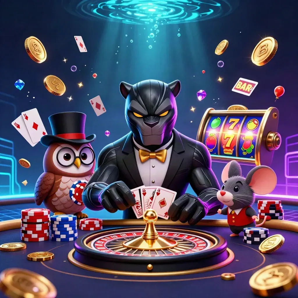 Panther, owl, and mouse in a flashy neon casino scene with chips, cards, coins, and roulette.