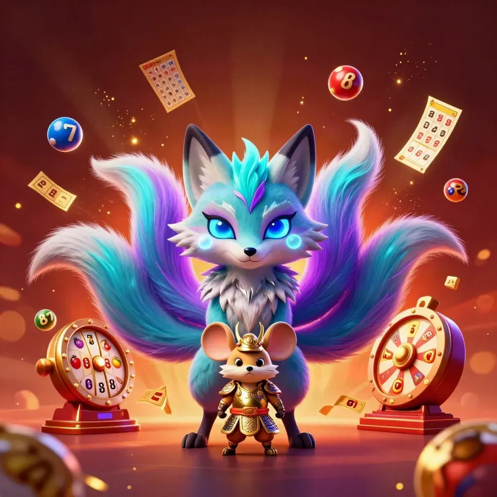 Neon fox spirit and armored mouse amid casino reels, balls, tickets, and glowing effects.