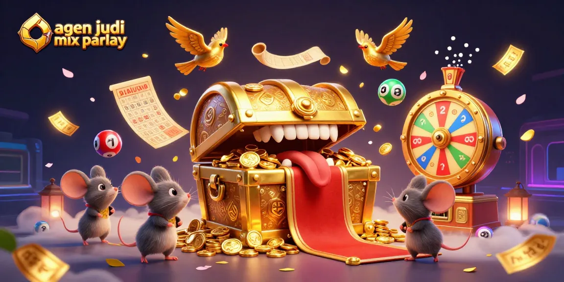 Engage with agen judi mix parlay in a vibrant 3D illustration showcasing a treasure chest and casino elements.