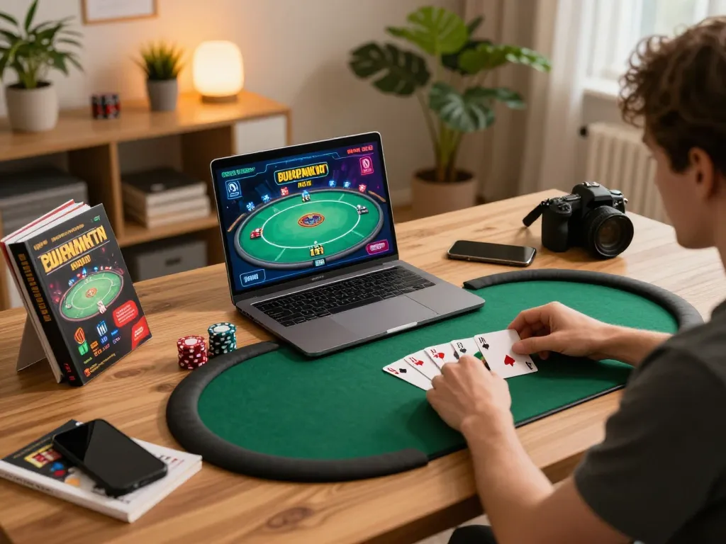 Engage in strategic online poker gaming at https://tairikvip.co with a cozy home setup, showcasing game strategy notes.