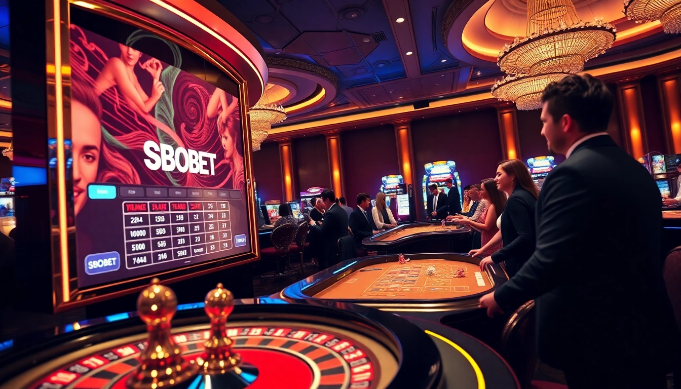 SBOBET casino scene showcasing vibrant gaming action with roulette wheel and poker chips.