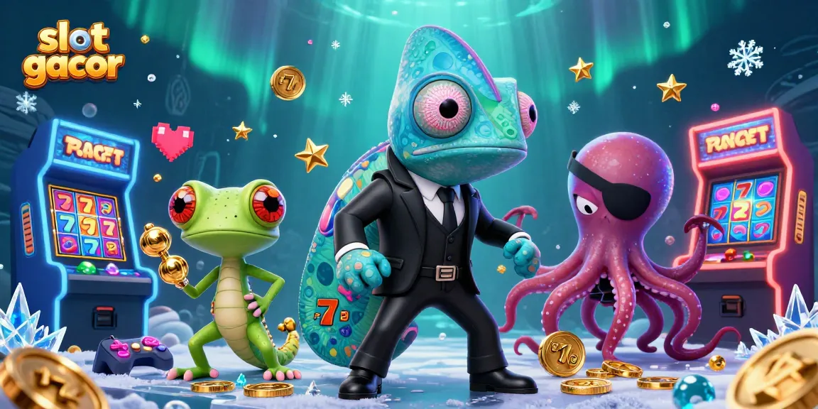 Visualisasi menarik tentang slot gacor dengan karakter lucu dan elemen permainan kasino yang memikat
