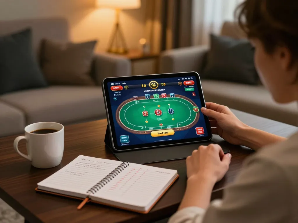 Register for Sky88 and enjoy live poker gameplay on a cozy night setting with strategic notes.