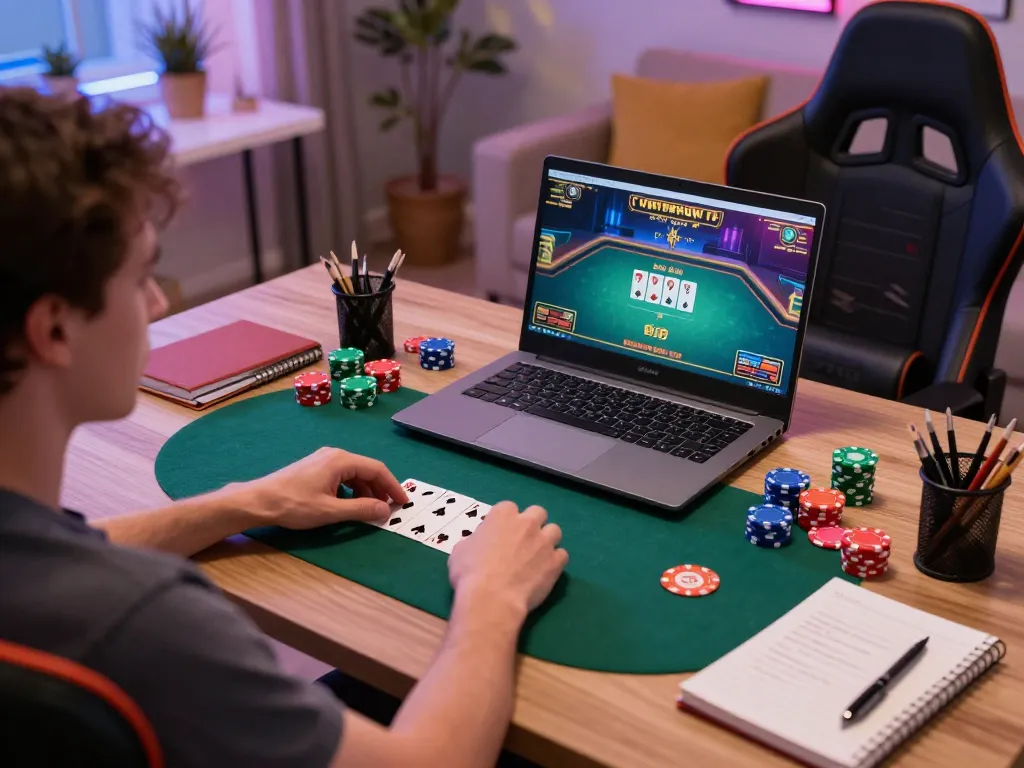 Player strategizing online poker gameplay at home, showcasing lv88seo brand elements for immersive engagement.