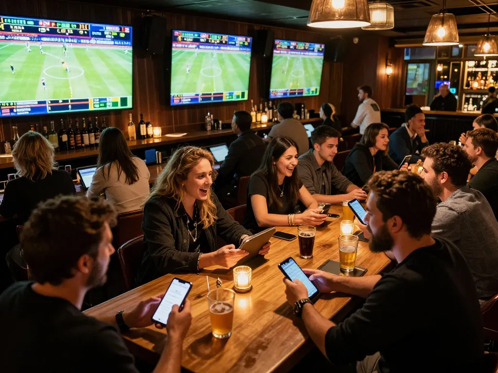 Excited patrons engaging in sports betting at RR88 NAVY bar, using smartphones for live bets.