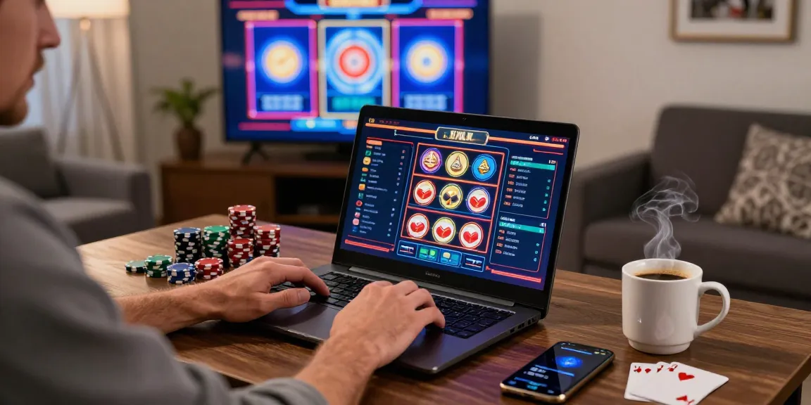 Exciting gaming environment showing credit card casinos at jumpspace.org.uk with a player using a laptop and vibrant games on screen.