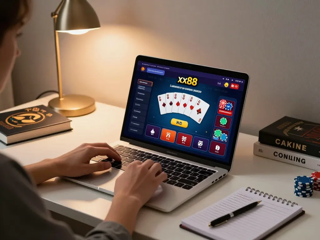 Player engaged in xx88 online casino gaming with vibrant cards and chips on a laptop screen.