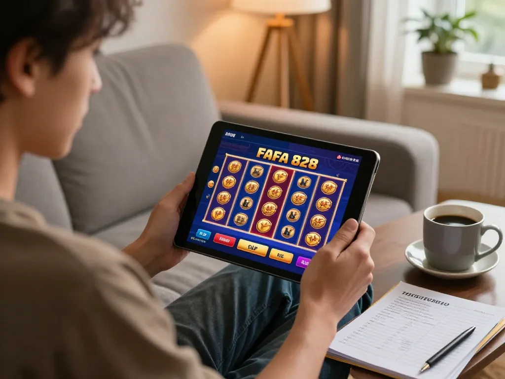 Engaged player exploring FAFA 828 games on tablet in a cozy, home setting.