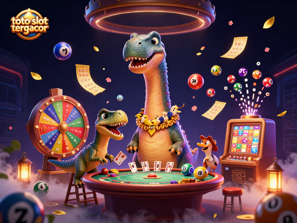Toto slot tergacor showcases vibrant imagery of a giant brontosaurus at a casino, integrating colorful lottery balls and a jackpot theme.