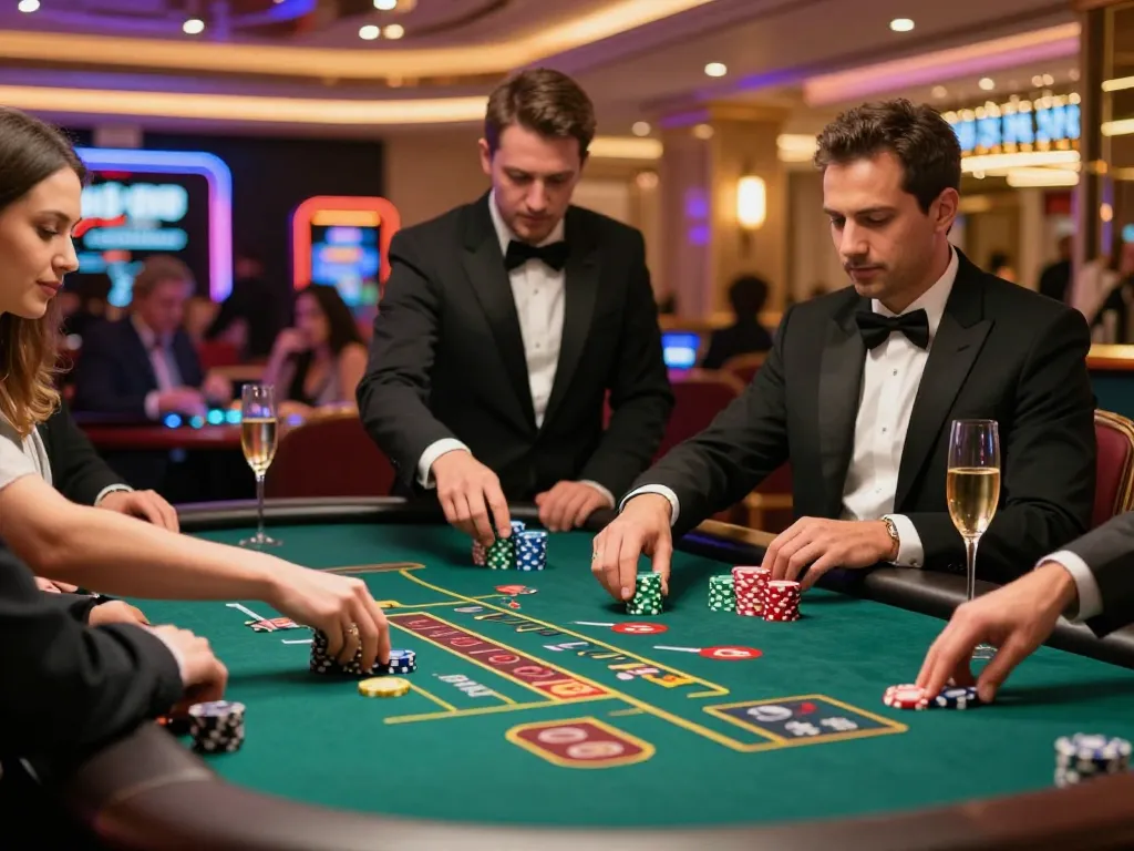 Engaged players making strategic bets at a baccarat table in the kkwin club casino.