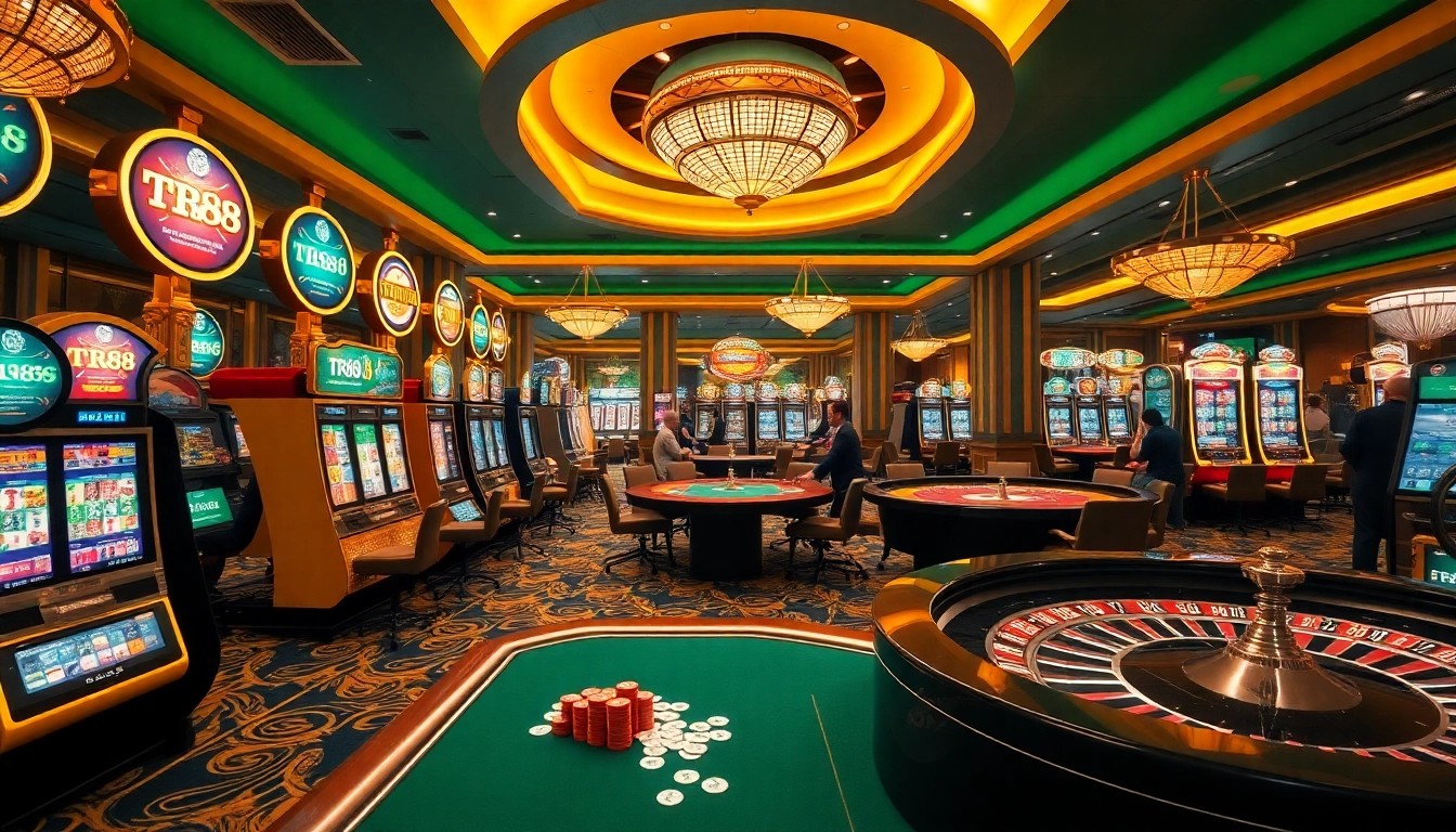 Players enjoying exciting games at TR88 casino with vibrant slots and poker tables.