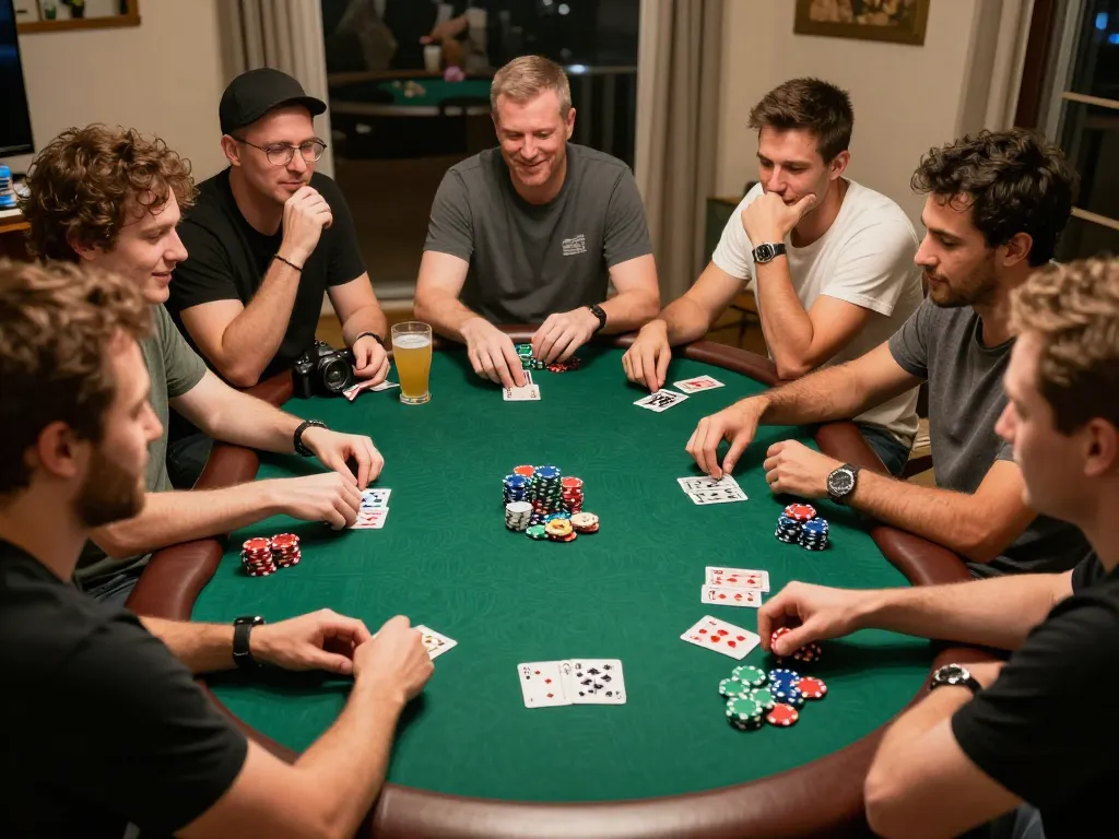 Engaged friends enjoying poker night at home, showcasing MM99 COM gaming strategy