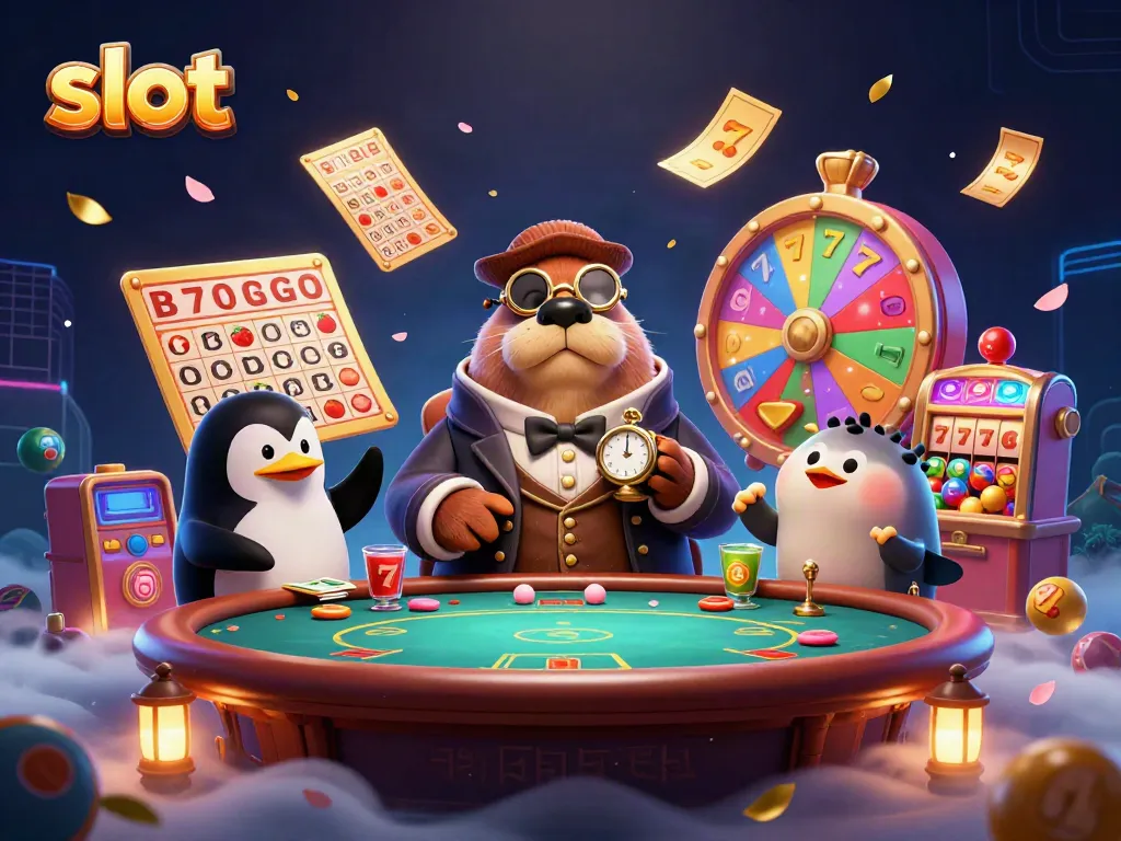 Engage in thrilling slot action with jolly walrus, penguin dealer, and pufferfish player at a dynamic casino table.