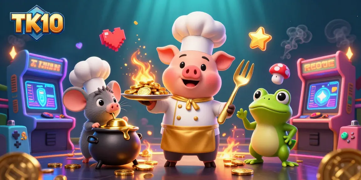 Engage with TK10's vibrant casino atmosphere featuring a chef pig presenting gold coins in a colorful gambling scene.