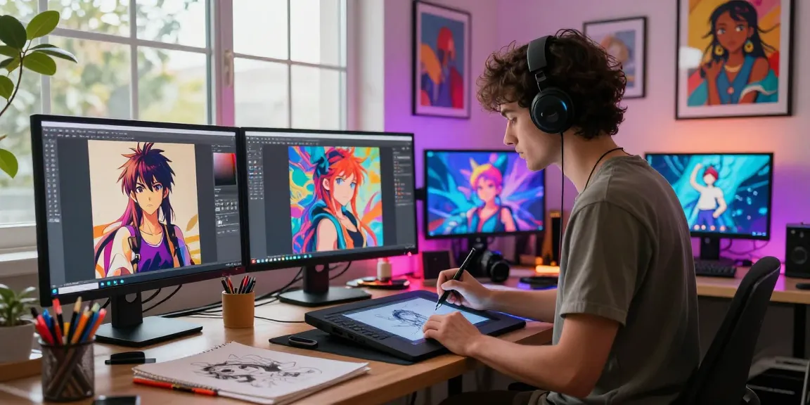Creative artist using NSFW AI tools to generate vibrant character art in a modern studio.