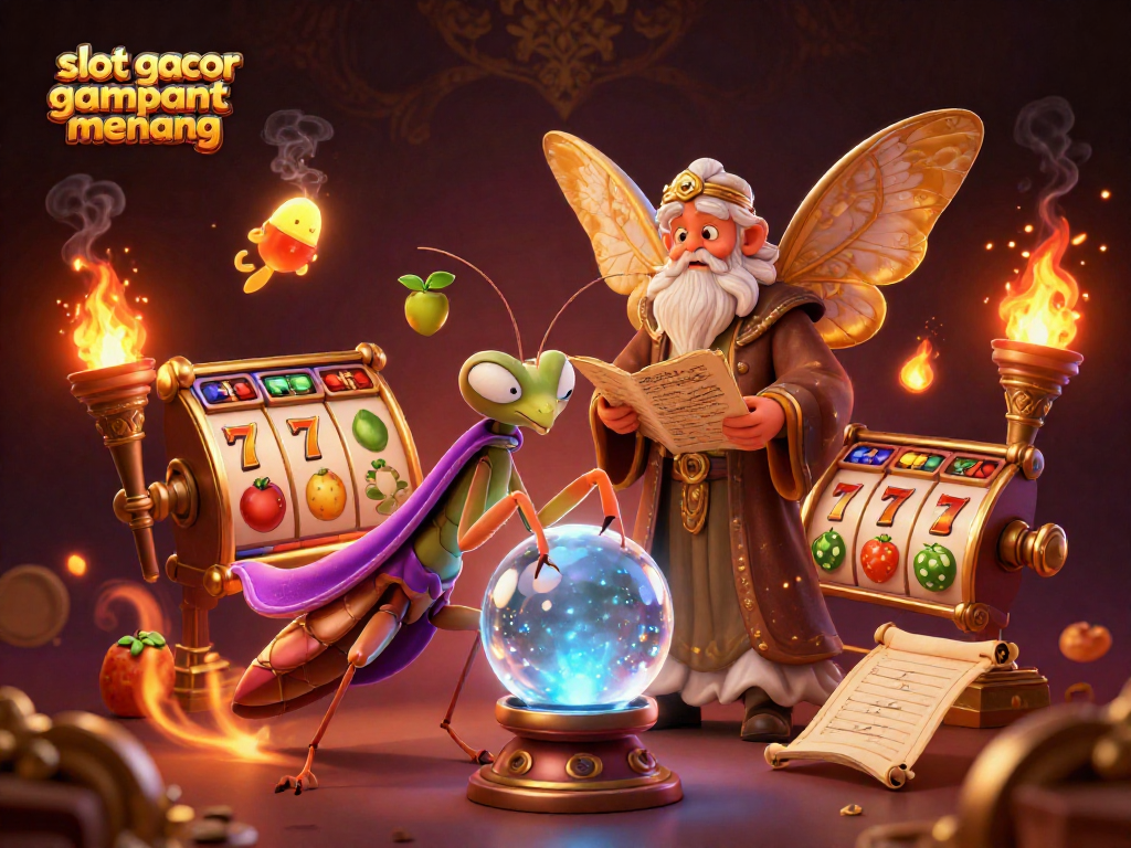 Experience slot gacor gampang menang with vibrant slot reels and fortune teller characters in 3D illustration.