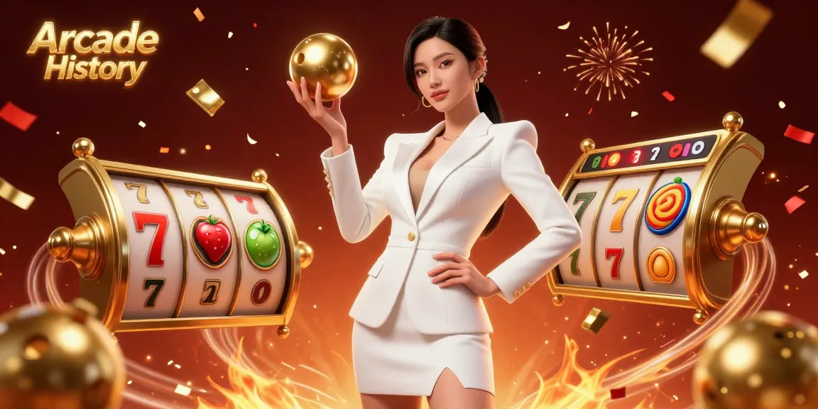 Experience Arcade History through vibrant 3D visuals of spinning slot reels and lucky symbols in an engaging casino scene.
