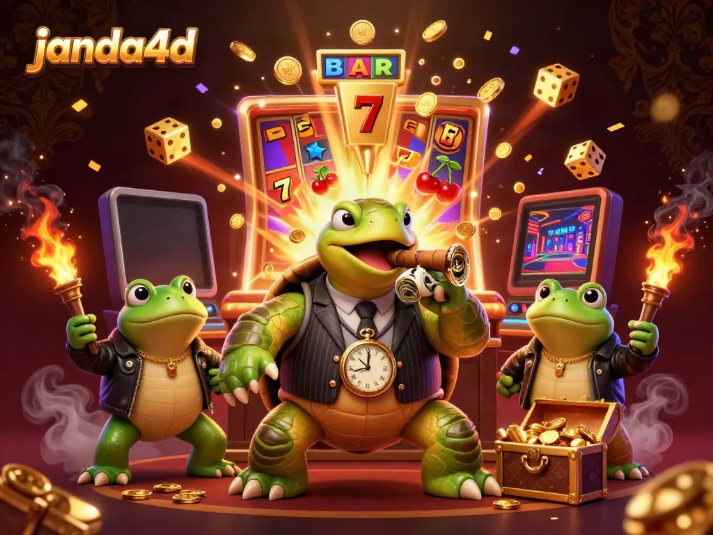 Gambaran 3D janda4d dengan penyu besar dan karakter katak di lingkungan kasino yang memukau.