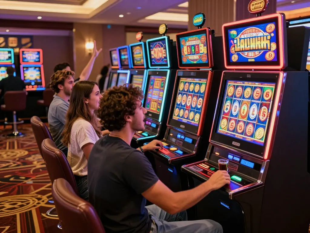 Group of friends excitedly celebrating wins at a colorful link slot machine in a lively casino.
