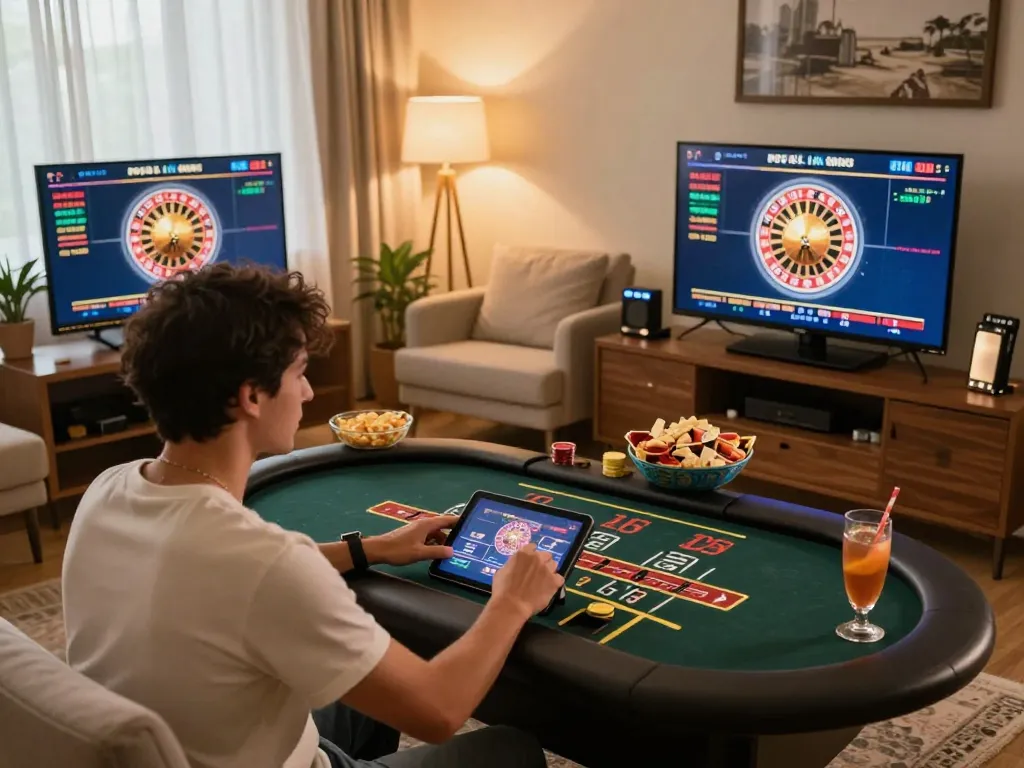Player enjoying live dealer games on tablet in a cozy home setting showcasing lemacau's gaming options.