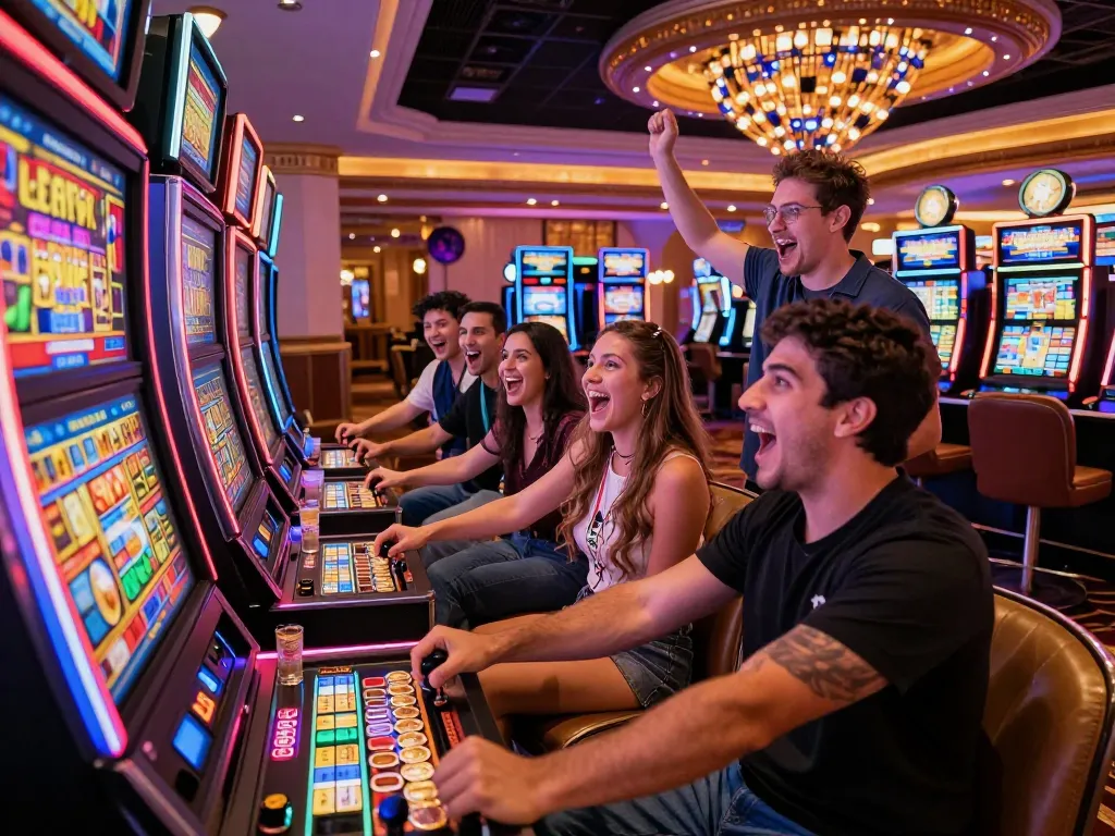 Teman-teman menikmati malam mendebarkan di mesin slot link di kasino yang ramai