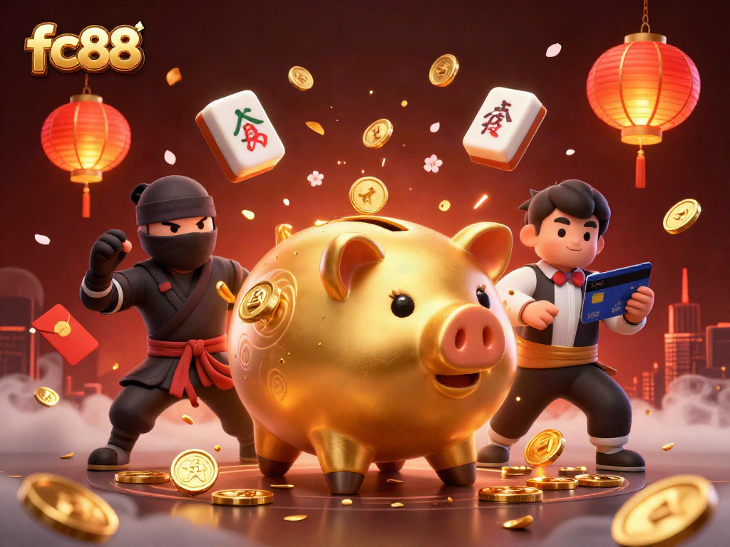 fc88 tham gia vào trận đấu casino hoành tráng với heo đất sumo, ninja ví và samurai thẻ tín dụng giữa hàng loạt biểu tượng may mắn.