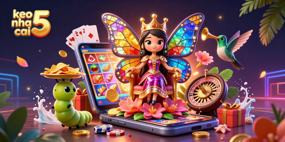 Engage with keo nha cai 5 featuring a vibrant casino scene with colorful game elements and characters.