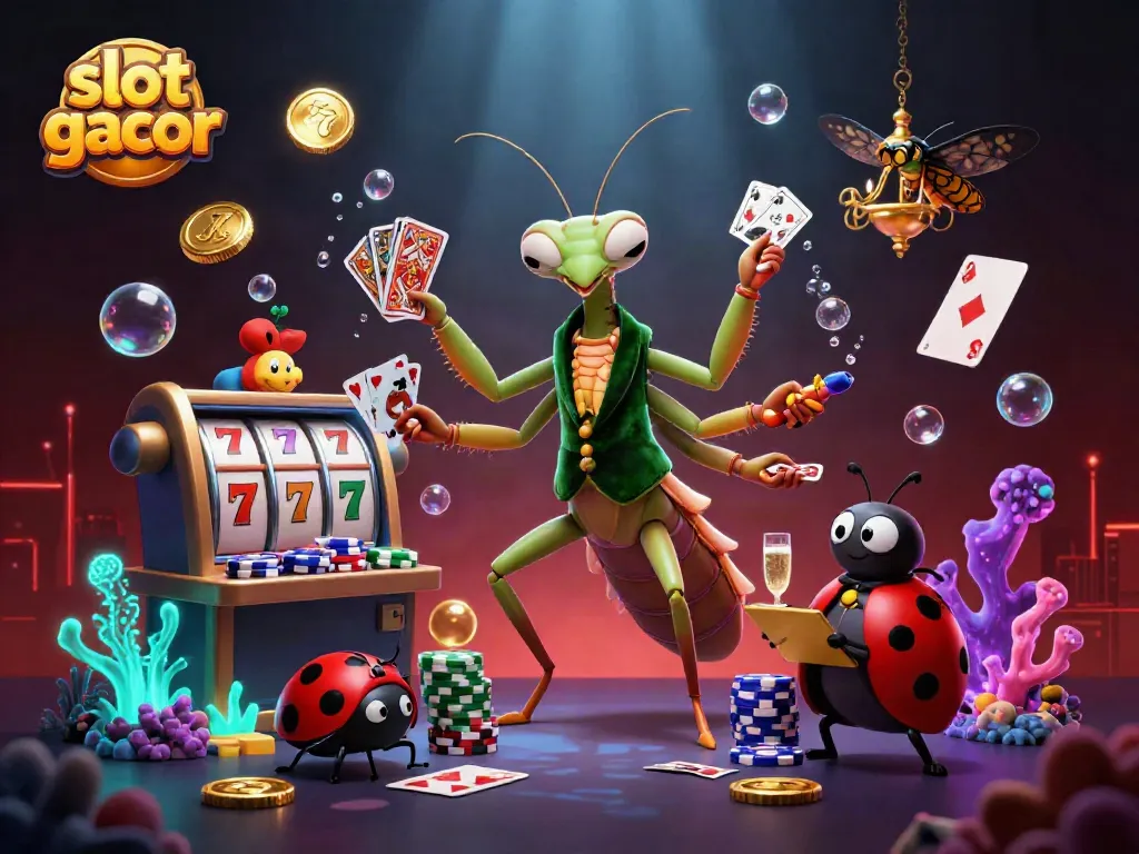 Slot gacor menampilkan mantis raksasa dan petugas dengan hiasan yang meriah untuk kasino.