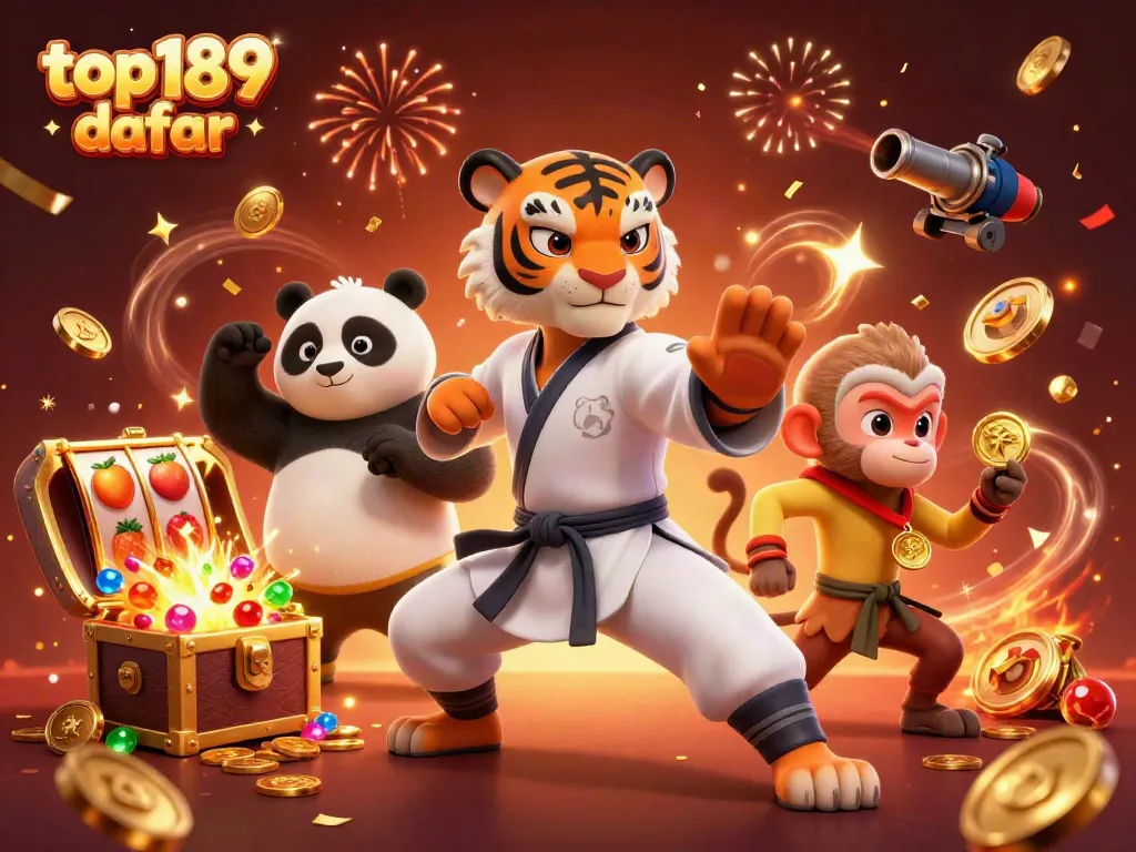 Experience the excitement of top189 daftar with a kung fu tiger master in a vibrant casino scene.